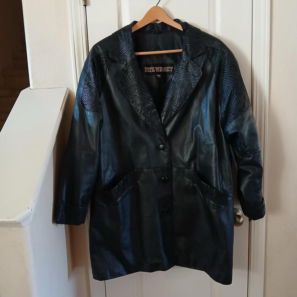 Vintage 80s Fitz Wright black leather mid-length coat zebra print accents retro